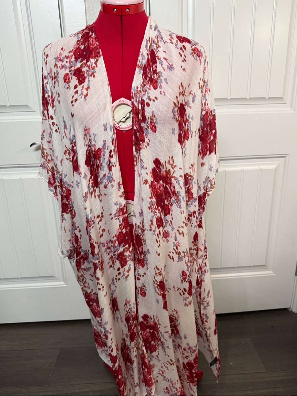 Angie Cream Red Floral Open Front Kimono Cardigan Beautiful Boho ~ One Size